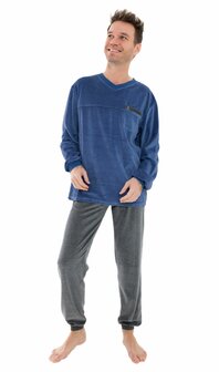 Heren pyjama velours met V-hals Art.451150 Blauw