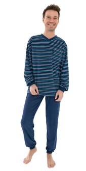 Heren badstof pyjama met V-hals  Blauw