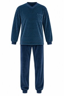 Heren pyjama velours katoen met V-hals Art. 451153 Blauw