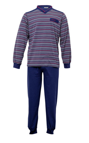 Gentlemen Heren pyjama V-hals Marine met rood/wit gestreep