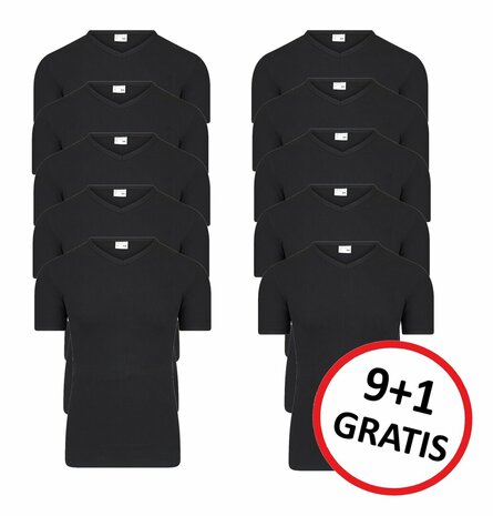 Beeren  9+1 -pack Heren T-shirts met V-hals en K.M. M3000 Zwart
