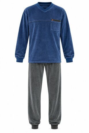 Heren pyjama velours met V-hals Art.451150 Blauw