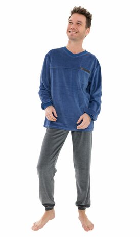 Heren pyjama velours met V-hals Art.451150 Blauw