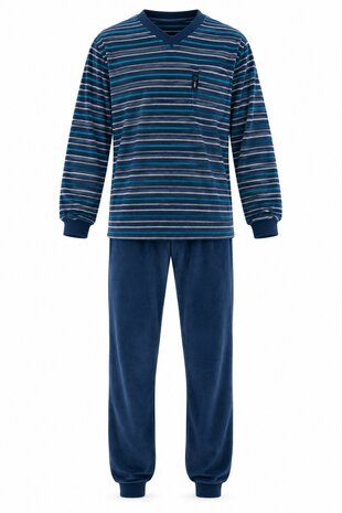 Heren badstof pyjama met V-hals  Blauw