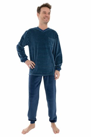 Heren pyjama velours katoen met V-hals Art. 451153 Blauw