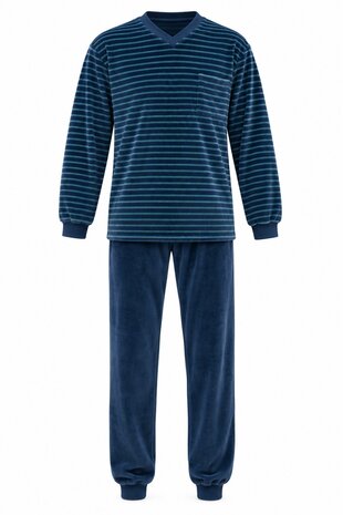 Heren pyjama velours katoen met V-hals Art. 451153 Blauw