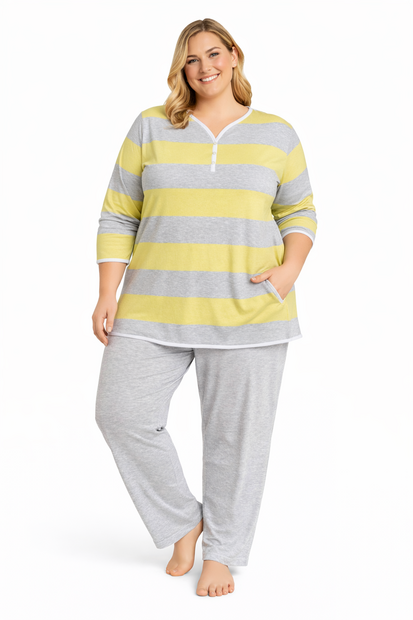  Dames pyjama 100% katoen Normann Geel/Grijs