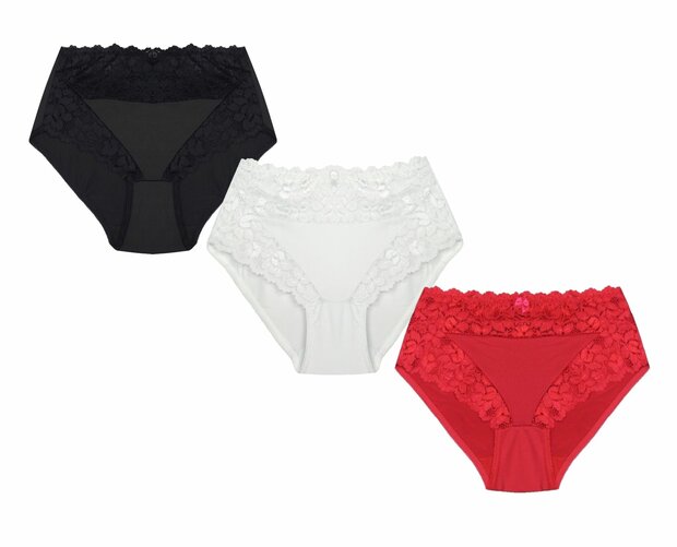 3-Pack J&amp;C Dames tailleslip met kant H805 Wit/Zwart/Rood