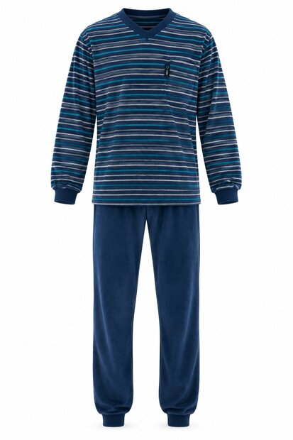 Heren badstof pyjama met V-hals  Blauw