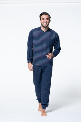 Gentlemen Heren pyjama met V-hals Marine gestreept